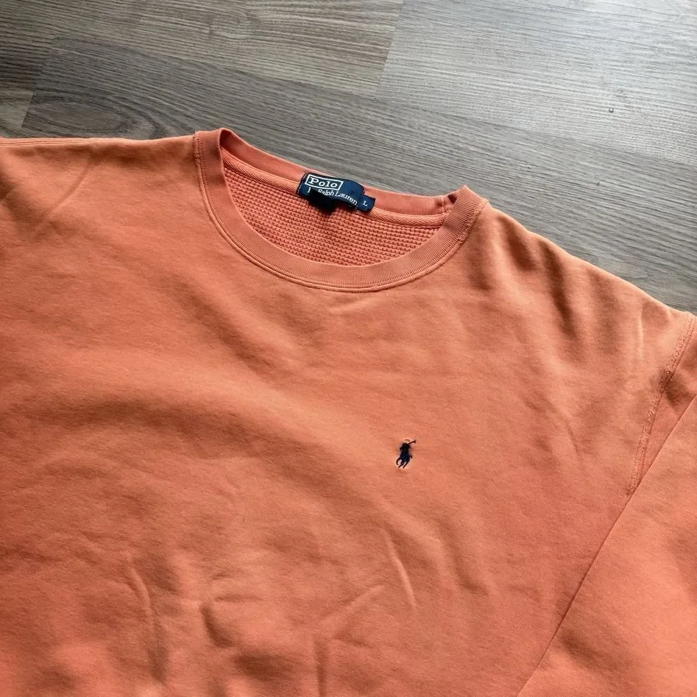 Vintage 90s Polo Ralph Lauren Faded Orange Distressed Pullover Crewneck Mens L